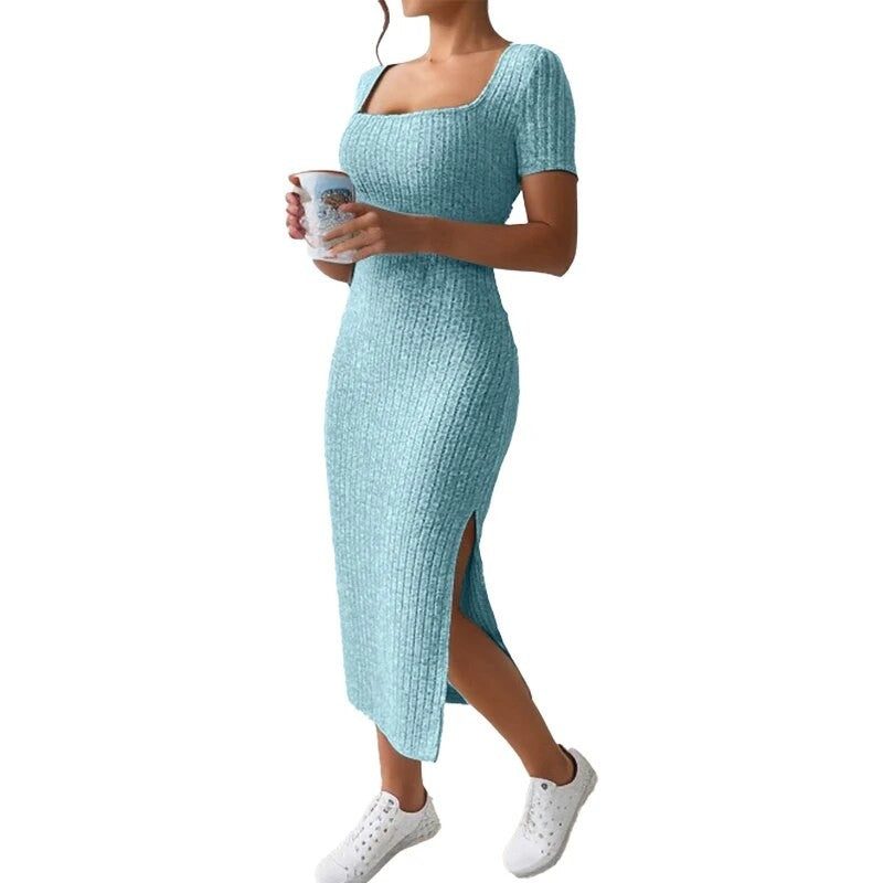 Summer Square Neck, Hip-Hugging Mid-Length Skirt, Short-Sleeved, Versatile Knitt
