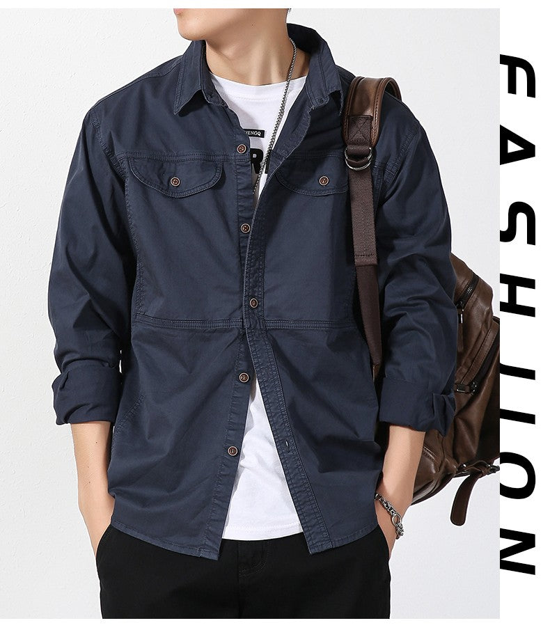 Men Slim Fit Turn-Down Collar Loose Cargo Shrit Spring Autumn Casual Wash Cotton Safari Style Jacket with Multiple Pockets Coat