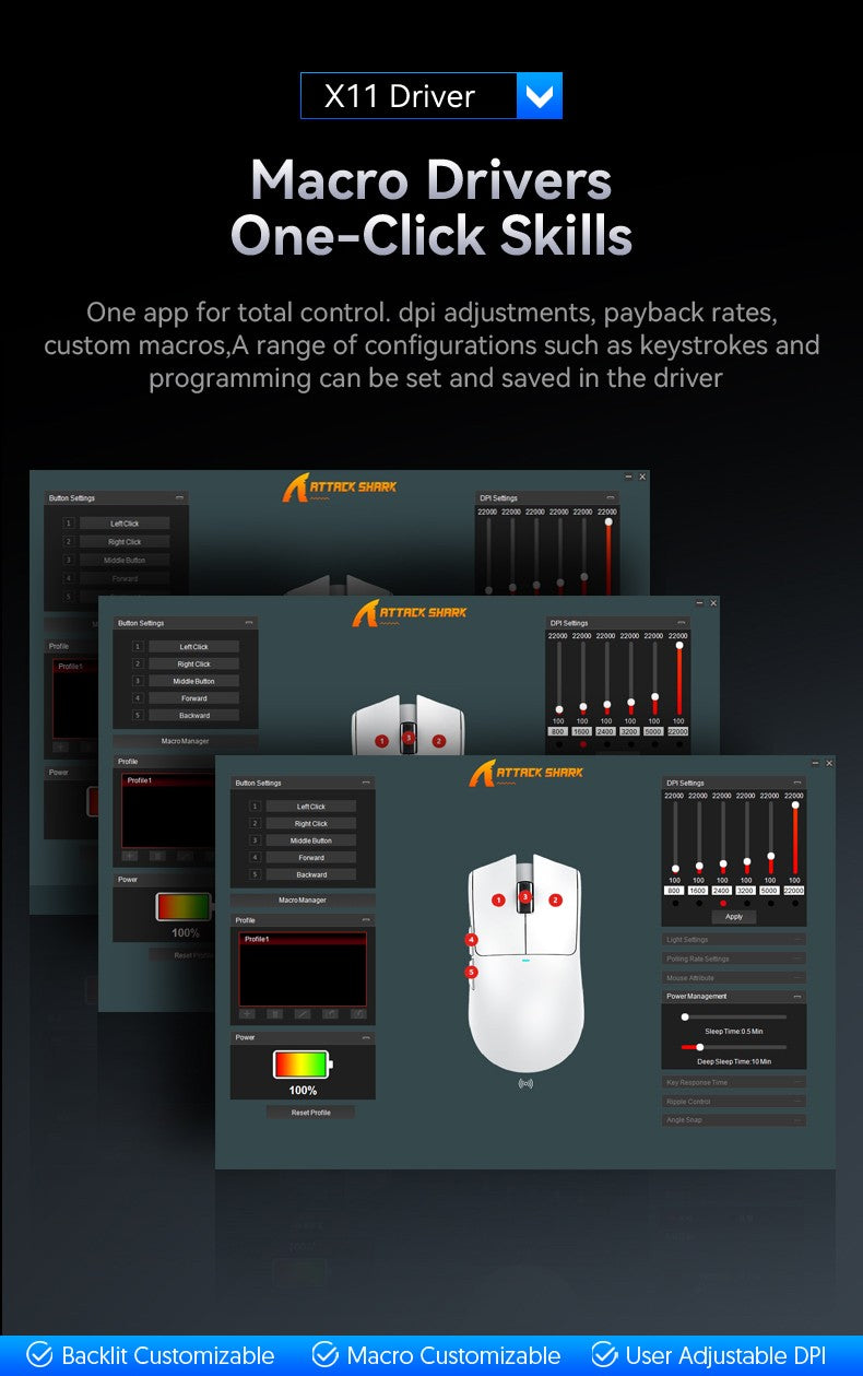 Mouse Gamer Attack Shark X11 Wireless, Conexão Tri-Modo 2.4GHz/Com Fio/Bluetooth PAW3311 22000DPI 400IPS RGB para PC