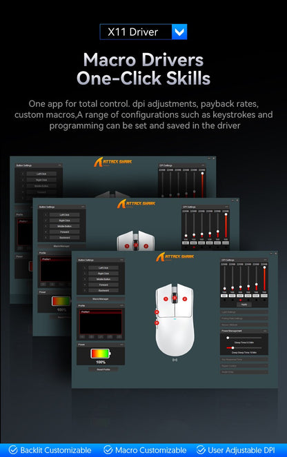 Mouse Gamer Attack Shark X11 Wireless, Conexão Tri-Modo 2.4GHz/Com Fio/Bluetooth PAW3311 22000DPI 400IPS RGB para PC