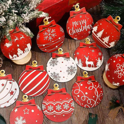 12pcs/set Red and White Wooden Christmas Ball Ornament, Elk Snowflake Pattern Christmas Party Hanging Decoration Supplies Winter
