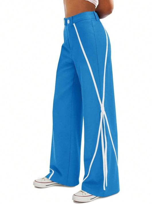 Fisoew Womens Casual Track Pants Straight Leg Trousers Splicing Line Wide Leg Pants Athletic Workout Sweatpants