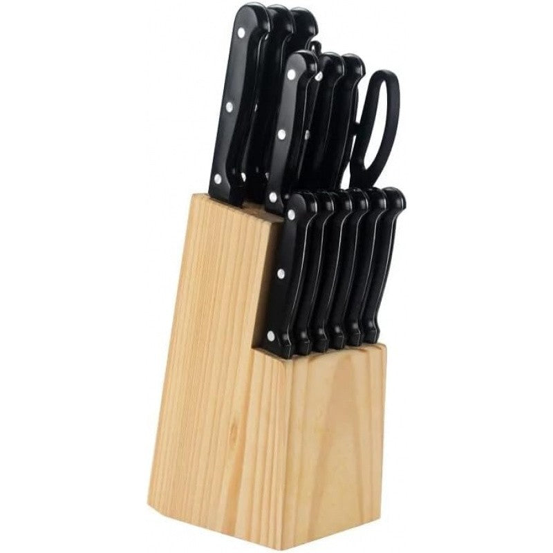 Conjunto de Facas de Cozinha 15 Peças com Bloco de Madeira, Conjunto de Facas de Bife de Aço Inoxidável e Tesoura, Conjunto de Facas Profissional
