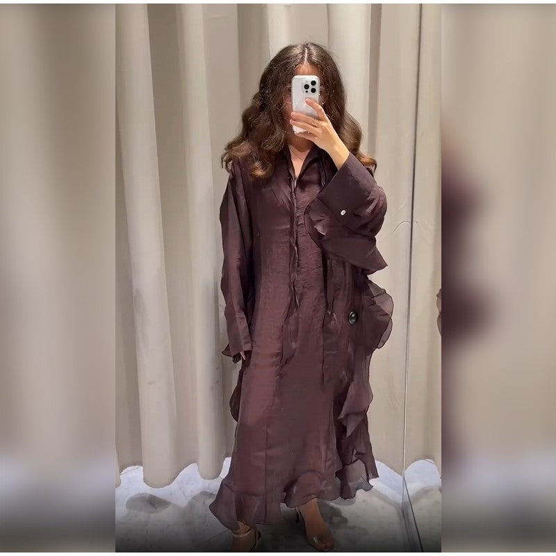 Summer Pleated A-line Midi Dress Women's Casual Lace Up Loose High Waist Solid R