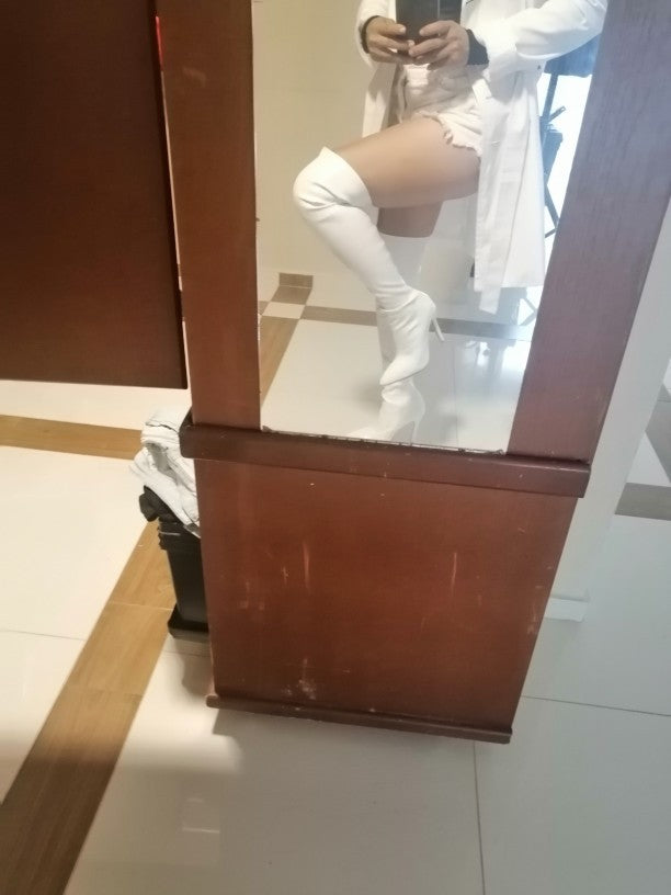 Aneikeh White Sexy Over-the-Knee Side Zipper Slip-On Pointed Toe Shoes NEW Fashion Striped Thin Heels Ladies Boots 2025 Spring