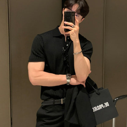 Summer Men's Clothing Retro Knit Lapel Striped Polo Shirt Solid Color Short Sleeve Fashion Light Luxury Popular Knitwear M-3XL