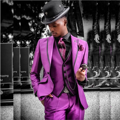 High Quality Men's Suits Purple 3 Piece Single Breasted Peaked Lapel Prom Party Male Clothing Slim Fit Jacket Pants Vest Sets