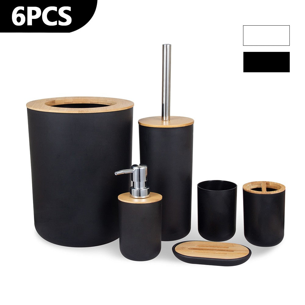 6 peças/conjunto caixa dispensadora de sabonete escova sanitária garrafa de loção lata de lixo bambu plástico conjunto de armazenamento de banheiro suporte para escova de dentes e copo