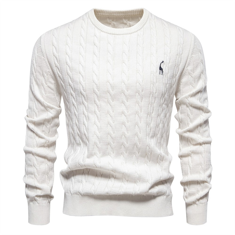 AIOPESON Mens Giraffe Embroidery Cotton Sweaters Round Neck Classic Twist Patterned Pullover Knitted Sweater for Men