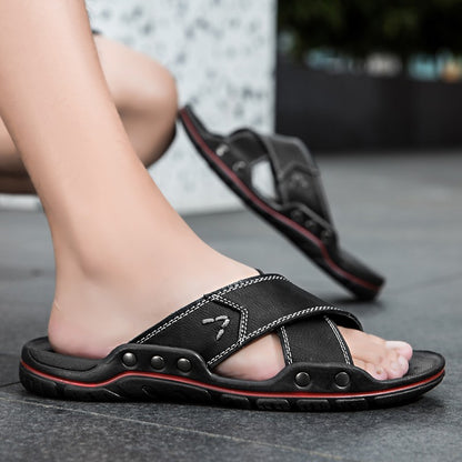 Men's Summer Sandals High Quality Leather Shoes, Extra Large Antiskid Lightweight Slip-On Beach and Hotel Footwear, Size 38-48