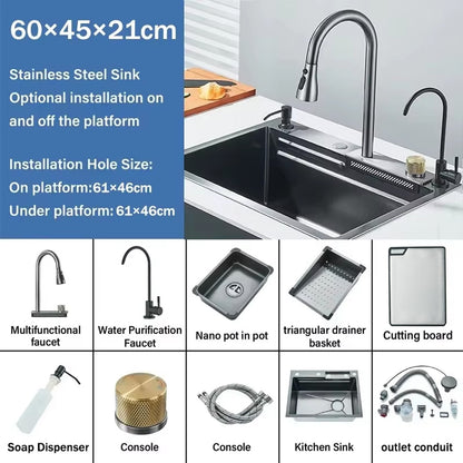 304 Stainless Steel Waterfall Kitchen Sink Sink Large Single basin With Large Single Slot Sink Above Counter With Cup Disher