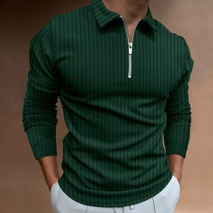 2024 New Men's Autumn And Winter Solid Color Lapel Leisure Sports Polo Shirt Zipper Striped Long Sleeve High Elasticity