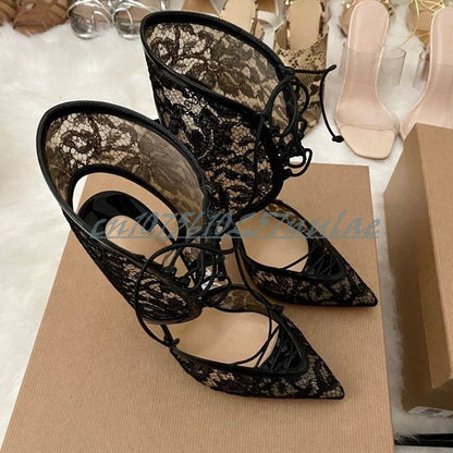 Sexy Elegant Lace Strappy Hollow Pumps Pointy Toe Black Stiletto High Heel Hot Girls Party 2025 Women Shoes Zapatos Para Mujere
