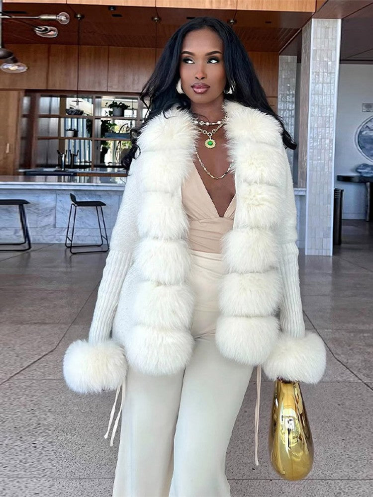 Elegant Knitted Faux Fur Patchwork Women's Coat Thicken Lady Coats 2025 Autumn Winter Chic Female Street Warm Outerwears