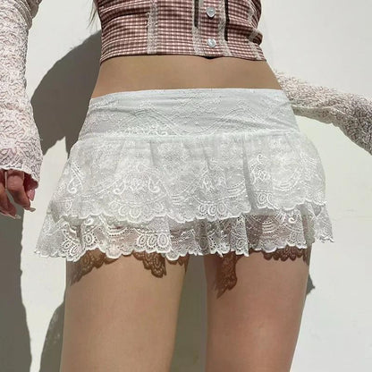 Lace Tulle Skirt A-line Miniskirt Black Solid Low Waist Tiered Lace Shorts Skirts Womens White Fairycore Micro Boho Skirt