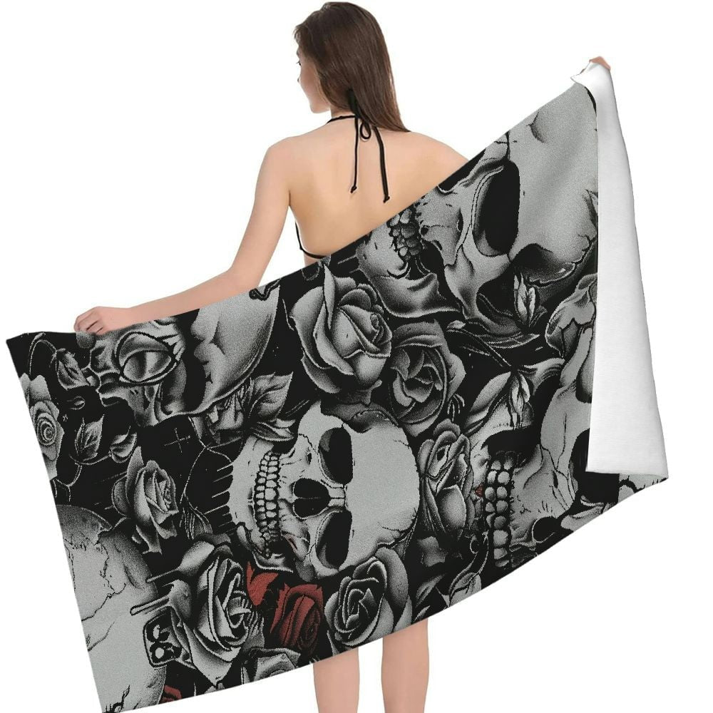 Gothic Skulls and Roses Bath Towel - Soft Absorbent, Perfect for Adults | Intricate Black and White Skeleton with Rose Design