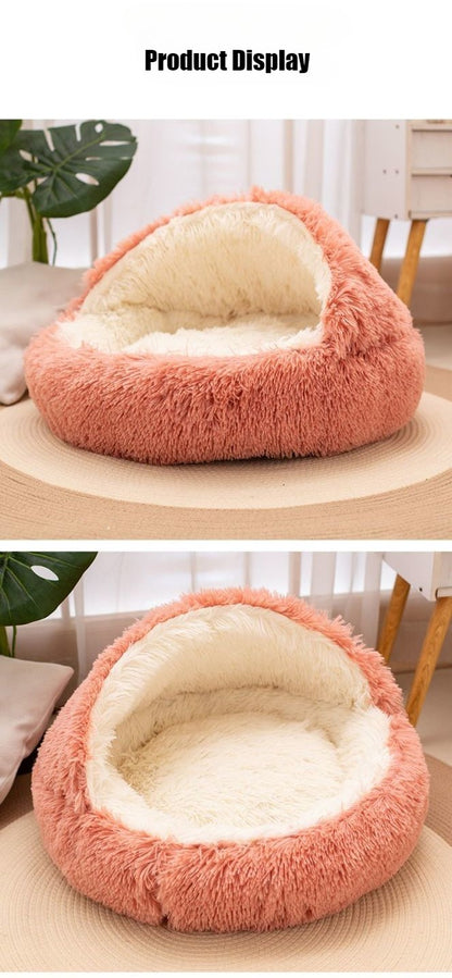 Cama para Pets 2 em 1 de Pelúcia Macia 50CM com Cobertura Redonda Cama para Gatos Colchão para Filhotes Quente Ninho Caverna para Cães Pequenos Tapetes