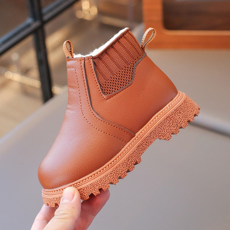 21-30 Kids Ankle Boots for Little Boys Girls Thermal Snow Boots Fashion PU Leather Children Short Rubber Boots with Thick Plush