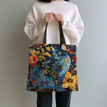 1pc Abstract Cat Tote Bag Cute Quirky Small Animal Shoulder Bag Printed Linen Eco Handbag Shopping Office Reusable Casual Bags