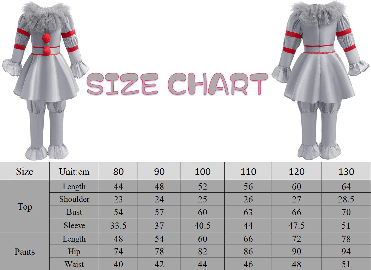 Kids Scary Joker Pennywise Cosplay Costume Horror Ghost Movie It Puff Sleeve Tulle Collar Top With Pants For Halloween Carnival