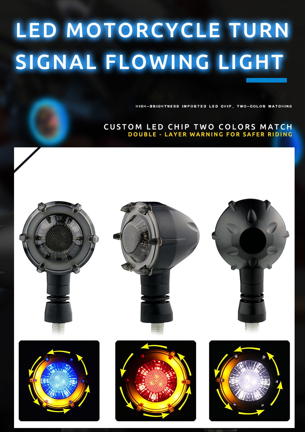 1 Par de Luzes LED de Seta Redondas Halo para Motocicleta, Duas Cores, DRL, Luz de Condução, Luz de Pisca Sequencial, Mini Indicador