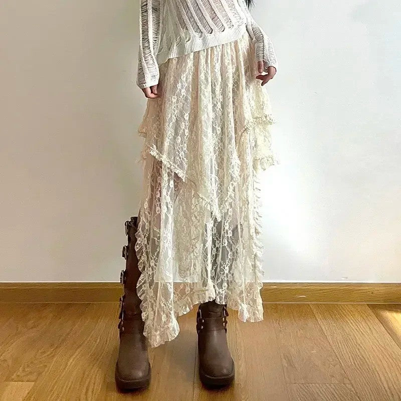 Lace Jacquard Transperant Skirt Women Summer New High Waist Sexy Casual Long Skirts 2025 Streetwear Fashion Black Maxi Skirt