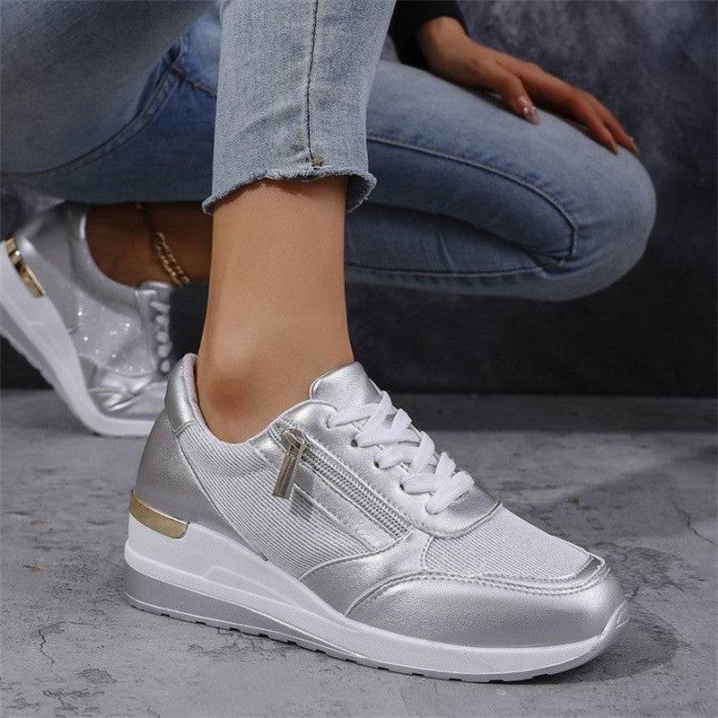 Fashion Thick Bottom Silver Sneakers Women 2025 Spring Wedge Heel Vulcanized Shoes Woman Comfortable Lace Up Sport Sneaker Mujer