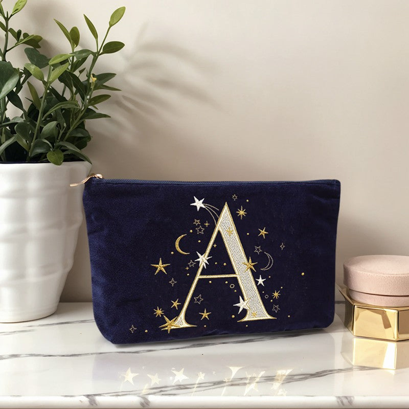 Alphabet Print Velvet Clutch Makeup Bag - Fashionable Cosmetic Pouch with Glittering Star Motif