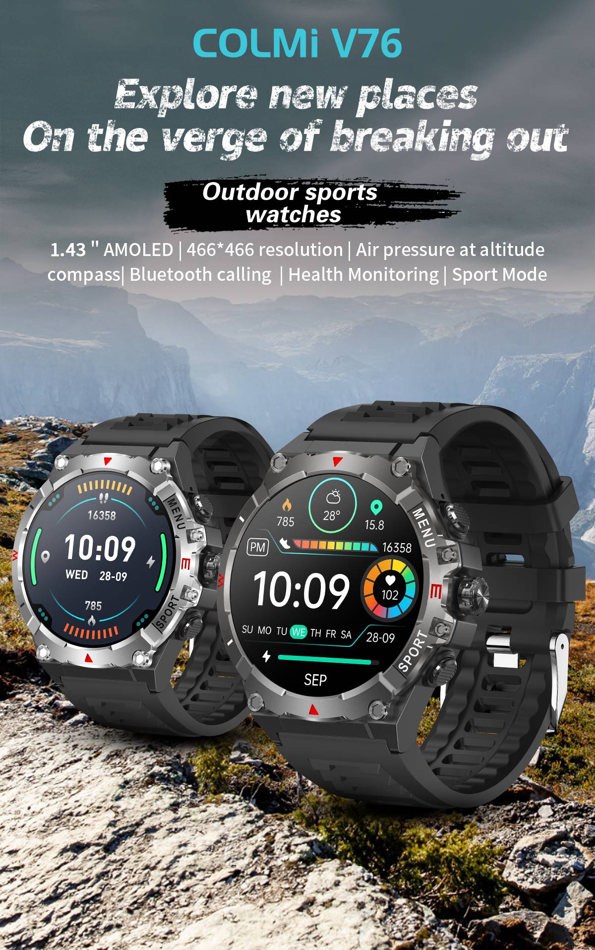 Smartwatch COLMI V76 GPS 2025 Tela AMOLED Ultra 1.43" Bússola e Altímetro Integrados Chamada Bluetooth Smart Watch Bateria 500mAh