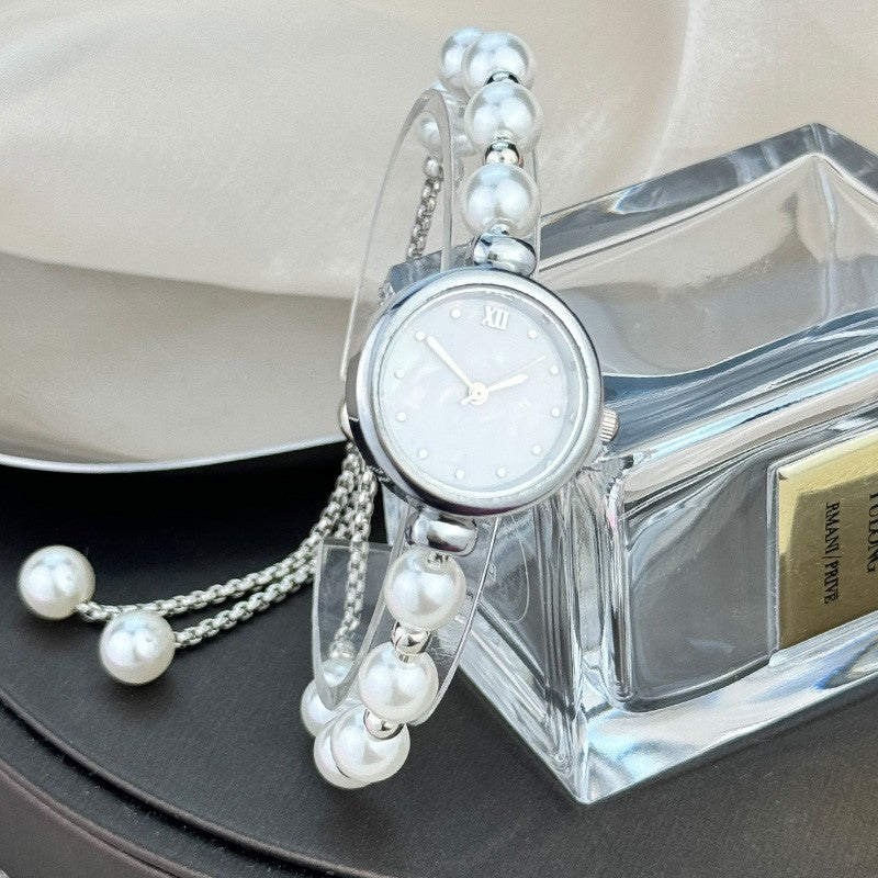 French Romantic Pearl Pull Cord Handheld Watch Elegant Small Fashion Bracelet Quartz Wristwatch Stylish Portable Timepiece