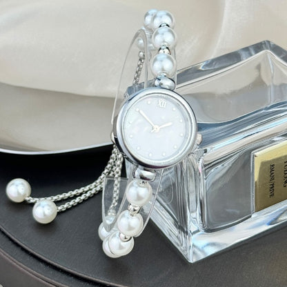 French Romantic Pearl Pull Cord Handheld Watch Elegant Small Fashion Bracelet Quartz Wristwatch Stylish Portable Timepiece