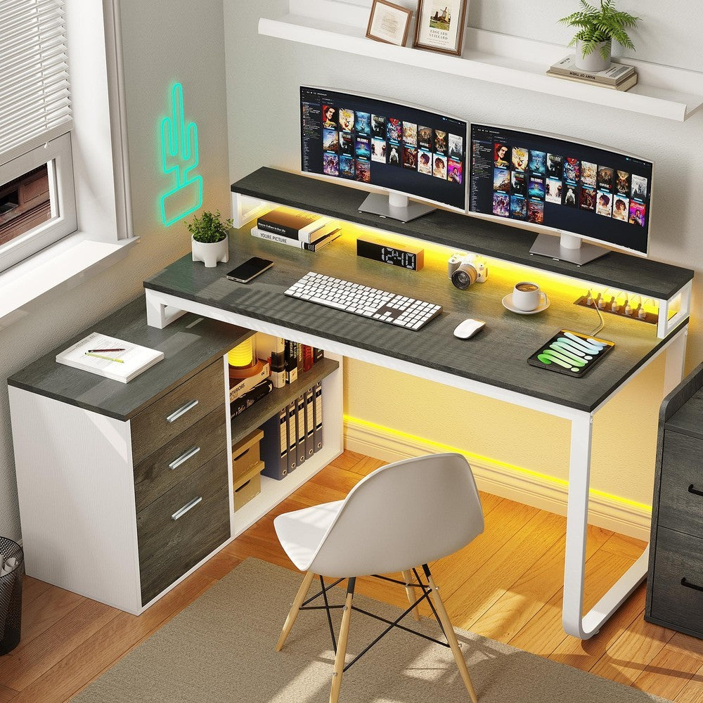 Mesa de computador para jogos em L com gavetas para arquivos para escritório em casa
