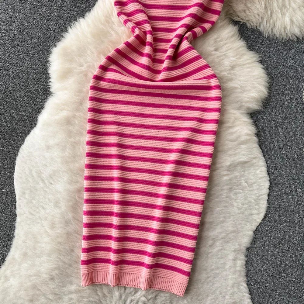 Summer Striped Beach Knitted Dress O Neck Short Sleeves Chic Hotsweet Slim Sundr
