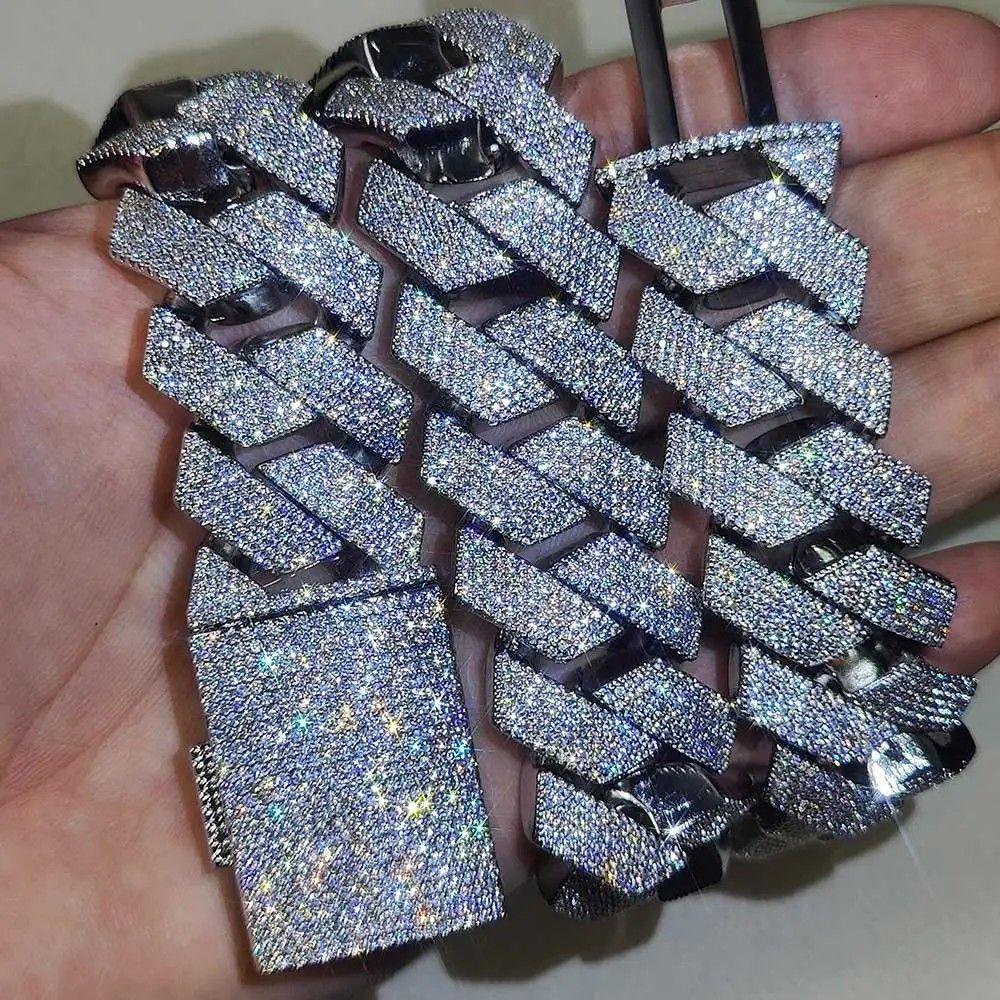 Colar Masculino/Feminino Folheado a Ouro Branco/18k com Corrente Cubana Grossa de 15mm com Duas Fileiras de Zircônias Cravejadas, Joia de Hip Hop com Zircônias Cravejadas, Presente