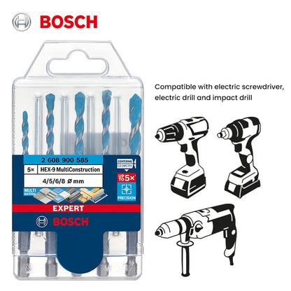 Brocas Bosch Série Expert HEX-9 Hard Ceramic e Multi Construction para Paredes de Tijolo Betão Metal Madeira 5 Peças