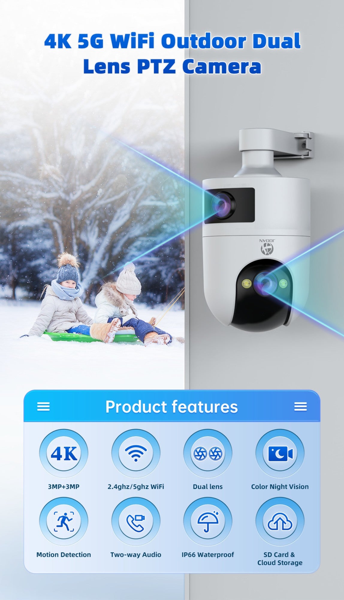4K PTZ IP Camera Outdoor Waterproof Dual Lens 5G WiFi Security Camera Auto Tracking Video Surveillance Camera Baby Monitor
