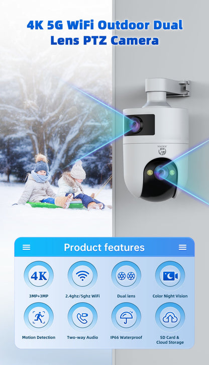 4K PTZ IP Camera Outdoor Waterproof Dual Lens 5G WiFi Security Camera Auto Tracking Video Surveillance Camera Baby Monitor