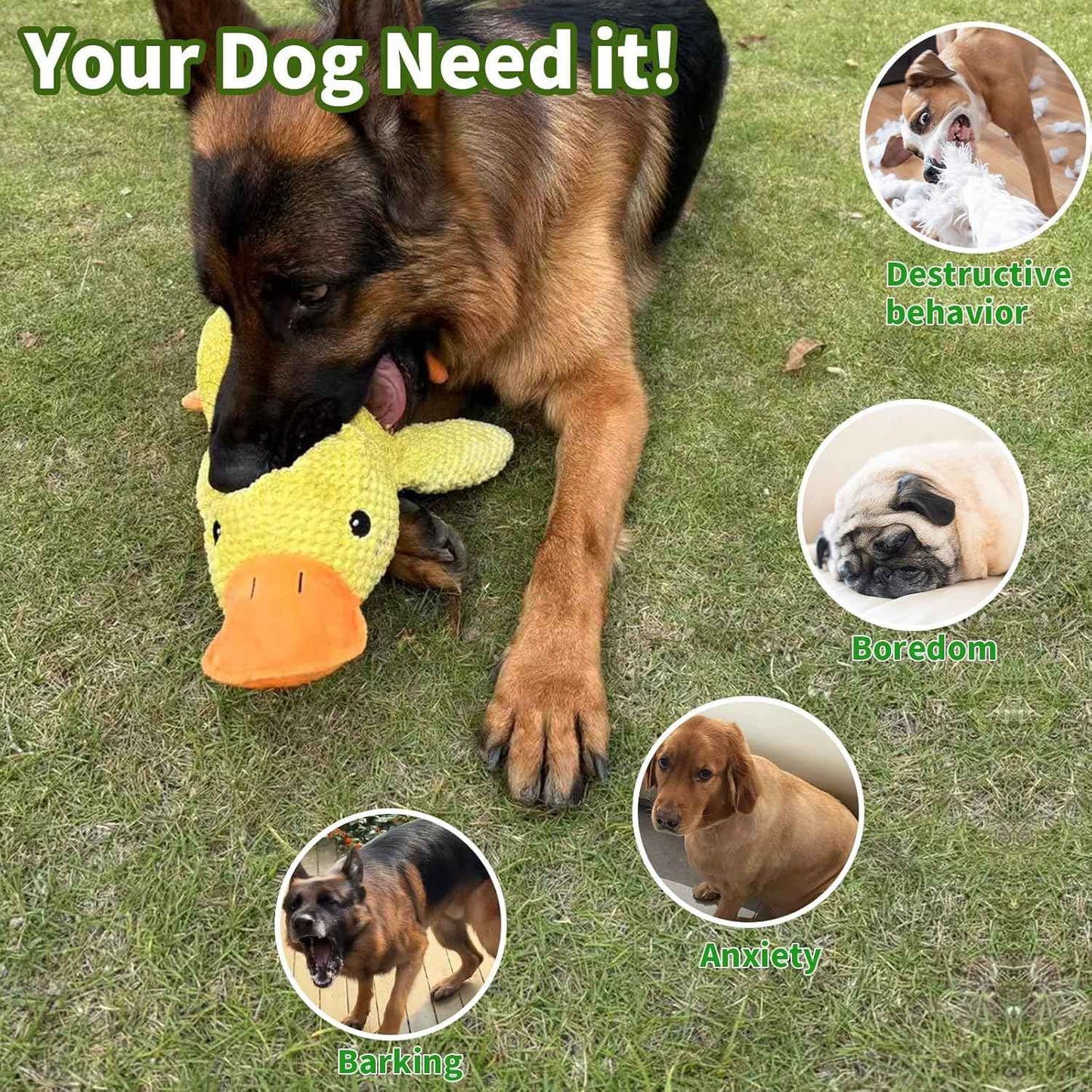 Brinquedo de cachorro pato de pelúcia resistente à mastigação com som de grasnido para alívio do ranger dos dentes, companheiro macio para cães pequenos e grandes