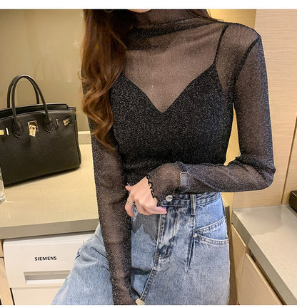 Spring Summer Women's Sexy See Through Mesh Blouse Long Sleeve Transparent Shining Elegant Shirt Fashion Women Tops 2025