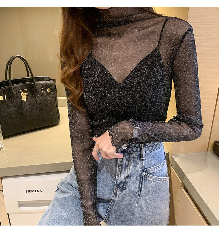 Spring Summer Women's Sexy See Through Mesh Blouse Long Sleeve Transparent Shining Elegant Shirt Fashion Women Tops 2025