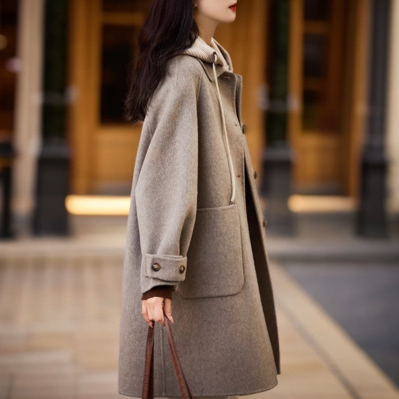 New Women Double-sided Cashmere Coat Female Solid Long Hooded Single Breasted Warm Woolen Coats Loose Tide Autumn Winter