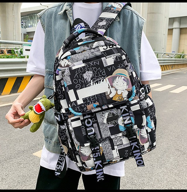 Anime Male and Female High-capacity One Piece Luffy Graffiti Printed Backpack for Middle High Students School Bag