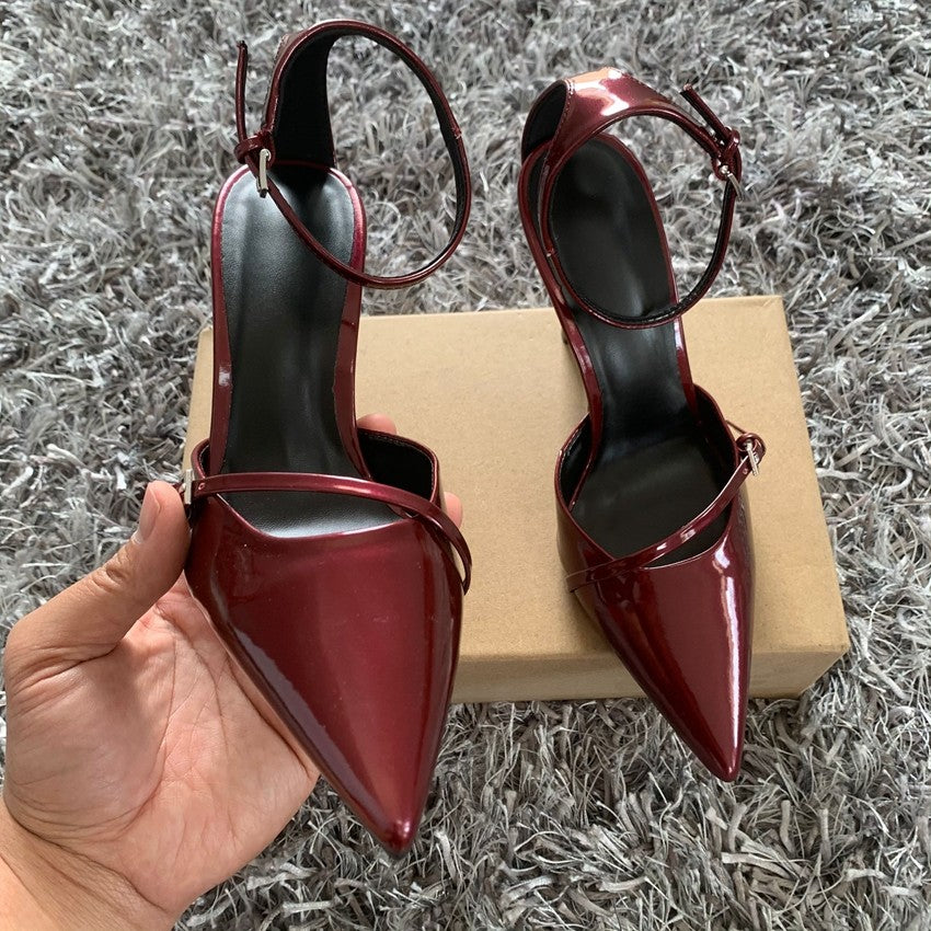 Sexy Pointed Toe High Heel Women Shoes Elegant Ankle Strap Patent Leather Stilettos Luxury Prom Weddings Bridal Pumps for Ladies