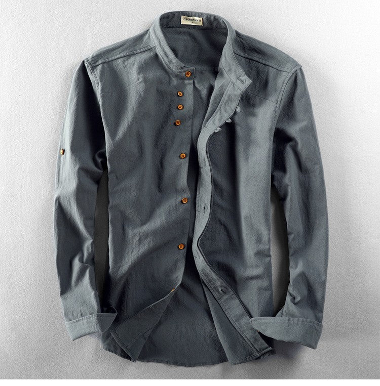 M-7XL 2025 Spring and Autumn New Men's Casual Shirts Retro Chinese Style Stand Collar Slim Cotton Linen Long Sleeve Shirt