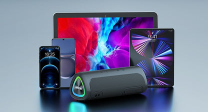 Caixa de Som Bluetooth Ortizan M7, Caixa de Som Portátil com 24W de Som Estéreo Potente, Luzes RGB, Entrada AUX, TF, Bluetooth 5.3, À Prova D'água IPX7