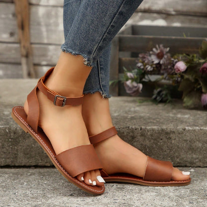 Plus Size 36-43 New Round Head Leather Sandals Women Shoes Solid Color Casual Comfortable Flat Summer Beach Shoes
