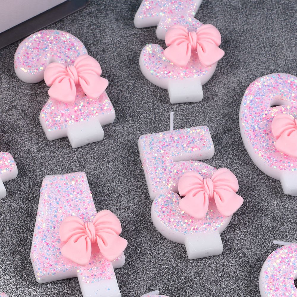 Pink Bow Number Candle Glitter Candle Cake Topper 0-9 for Birthday Anniversary Party Cake Decoration Gifts