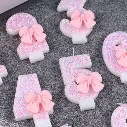 Pink Bow Number Candle Glitter Candle Cake Topper 0-9 for Birthday Anniversary Party Cake Decoration Gifts