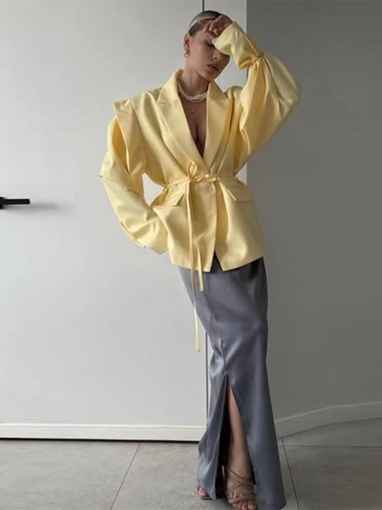 Lace Up Shoulder Pad Blazer Coat Women Elegant Turn-down Collar Long Sleeve Pockets Slim Fit Coats Chic Ladies Commute Outerwear