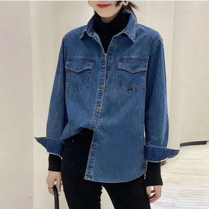 Korean Women Long Sleeve Jeans Shirt With Bottom Tops Coat Retro Style Female Spring Loose Cowboy Cardigan Blouse Denim  Jacket